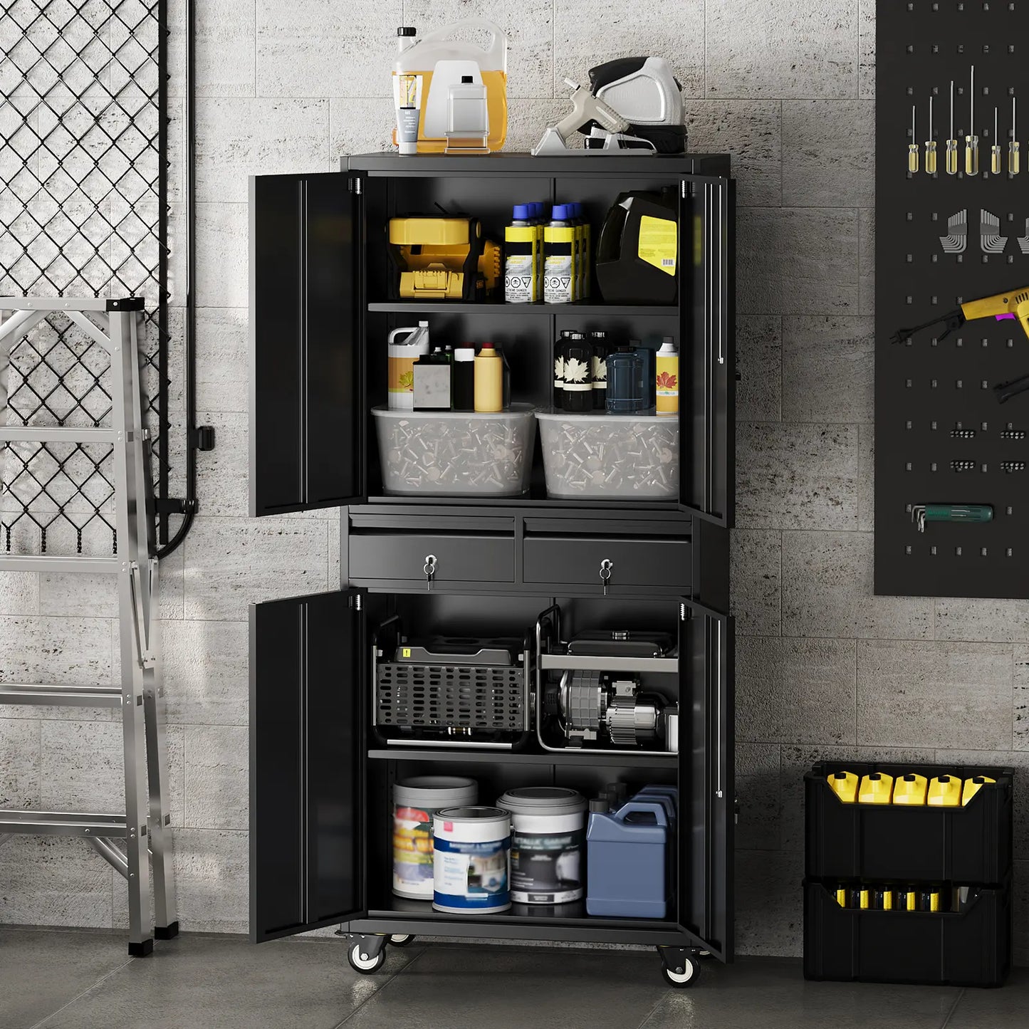 73'' Metal Storage Cabinet, Heavy Duty Storage with Wheels, Locking Doors and 2 Drawers, Adjustable Shelves for Garage, Workshop, Office