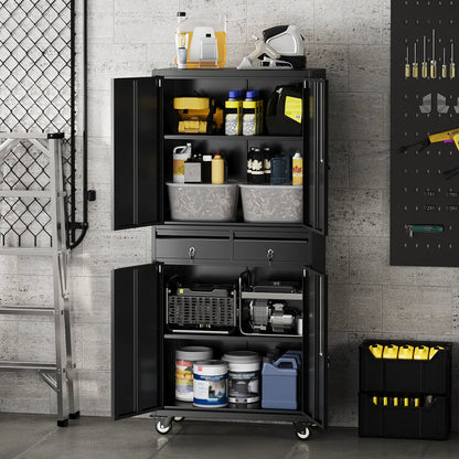 73'' Metal Storage Cabinet, Heavy Duty Storage with Wheels, Locking Doors and 2 Drawers, Adjustable Shelves for Garage, Workshop, Office