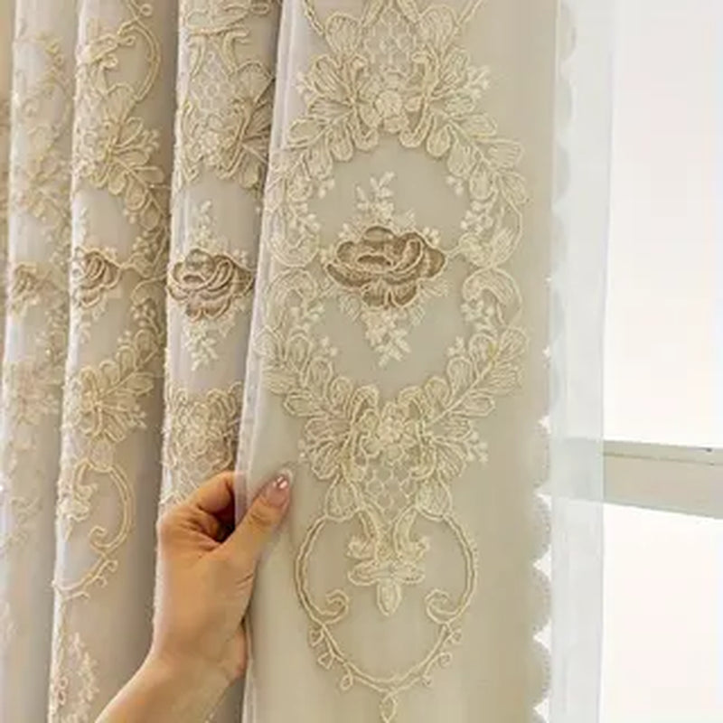 2Panels Double Embroidered Shading Curtain, Living Room Bedroom Dining Room Kitchen European Romantic Bay Window Curtain Embroidered Curtain Home Decoration