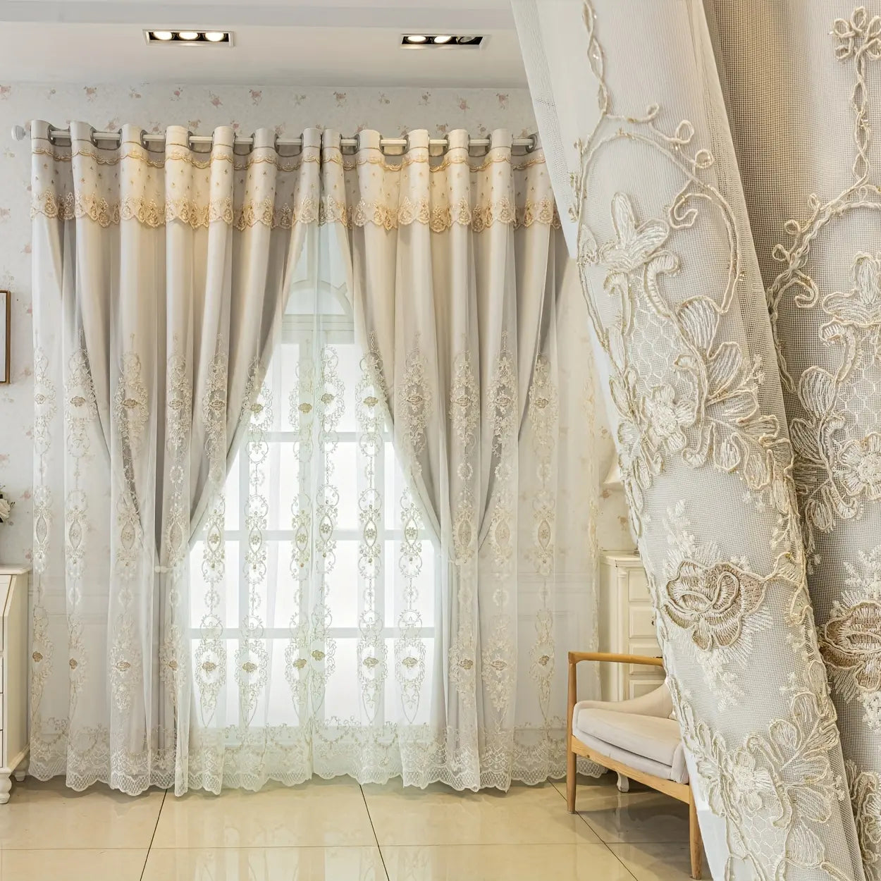 2Panels Double Embroidered Shading Curtain, Living Room Bedroom Dining Room Kitchen European Romantic Bay Window Curtain Embroidered Curtain Home Decoration