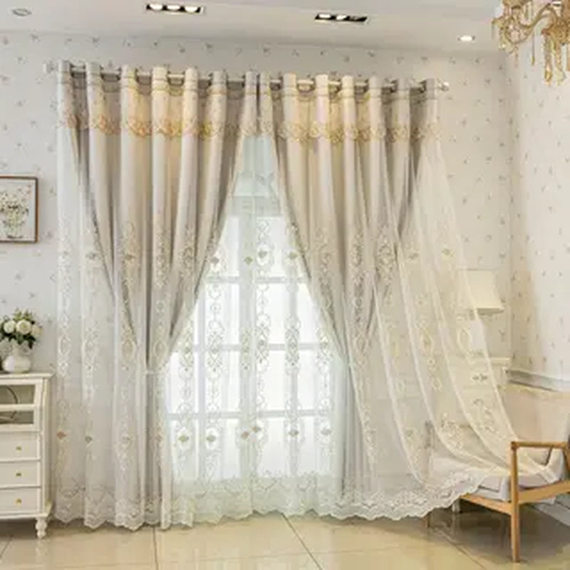2Panels Double Embroidered Shading Curtain, Living Room Bedroom Dining Room Kitchen European Romantic Bay Window Curtain Embroidered Curtain Home Decoration