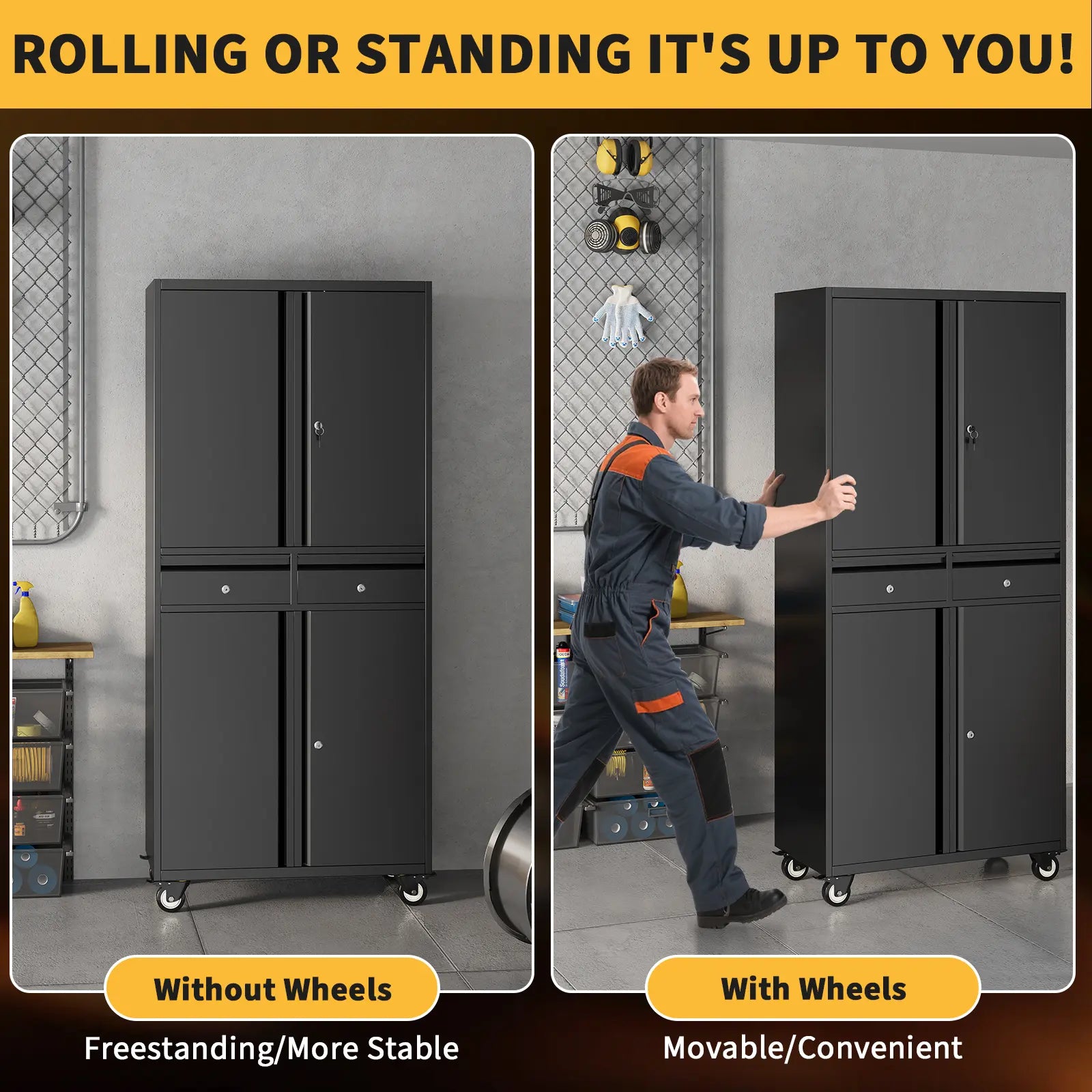 73'' Metal Storage Cabinet, Heavy Duty Storage with Wheels, Locking Doors and 2 Drawers, Adjustable Shelves for Garage, Workshop, Office
