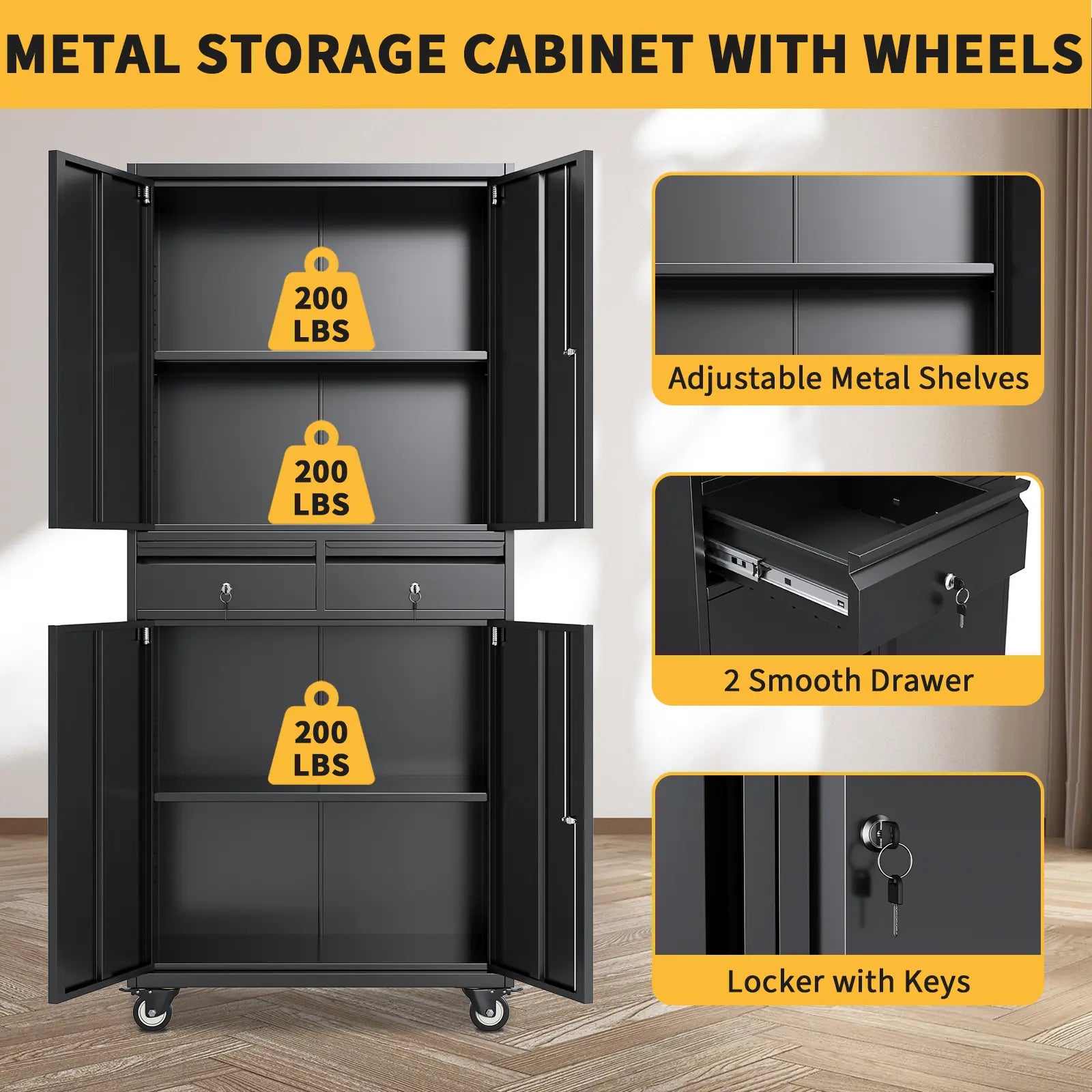 73'' Metal Storage Cabinet, Heavy Duty Storage with Wheels, Locking Doors and 2 Drawers, Adjustable Shelves for Garage, Workshop, Office