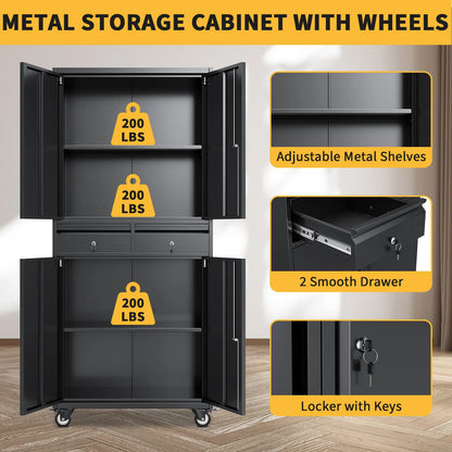 73'' Metal Storage Cabinet, Heavy Duty Storage with Wheels, Locking Doors and 2 Drawers, Adjustable Shelves for Garage, Workshop, Office