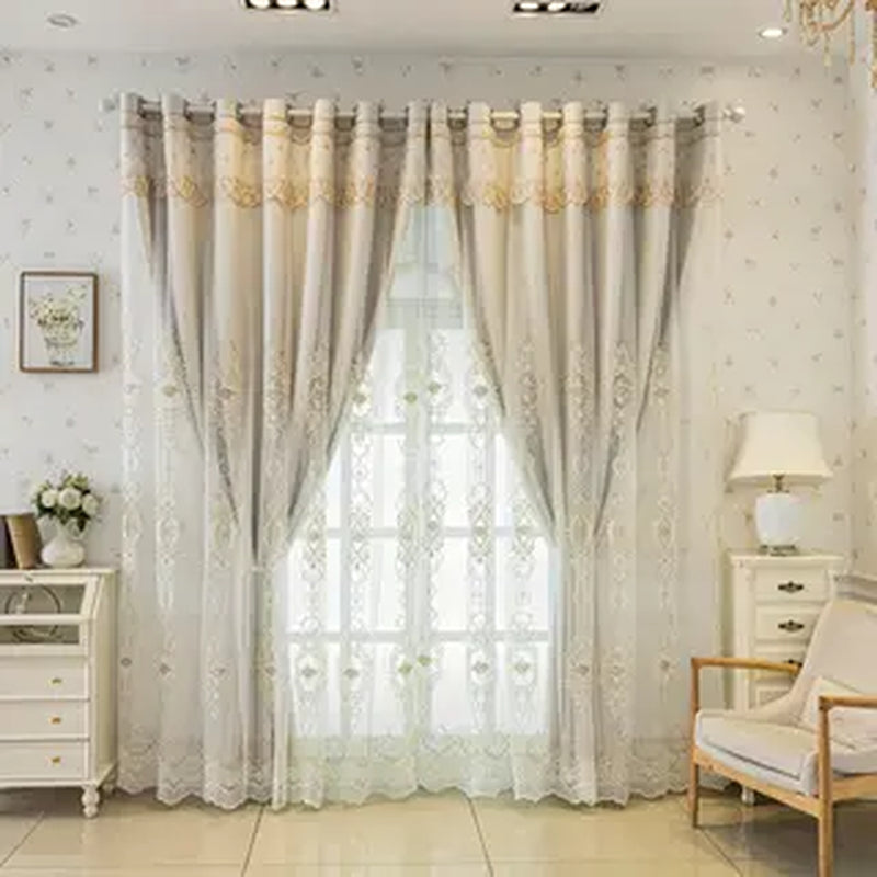 2Panels Double Embroidered Shading Curtain, Living Room Bedroom Dining Room Kitchen European Romantic Bay Window Curtain Embroidered Curtain Home Decoration