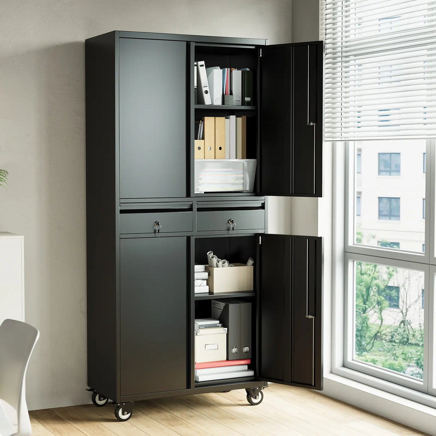 73'' Metal Storage Cabinet, Heavy Duty Storage with Wheels, Locking Doors and 2 Drawers, Adjustable Shelves for Garage, Workshop, Office