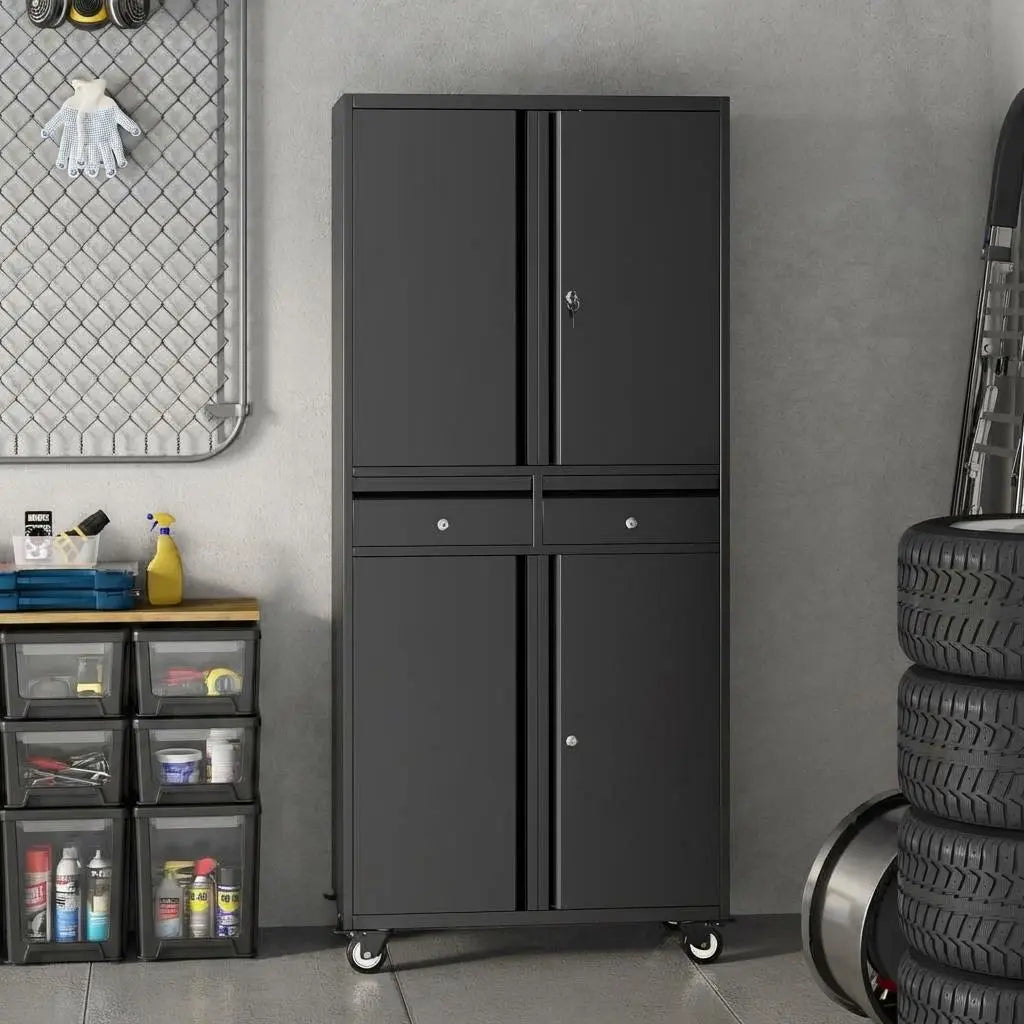73'' Metal Storage Cabinet, Heavy Duty Storage with Wheels, Locking Doors and 2 Drawers, Adjustable Shelves for Garage, Workshop, Office