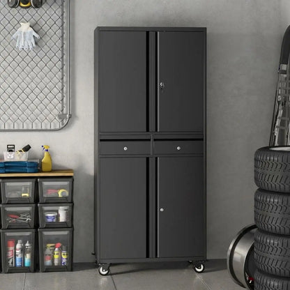 73'' Metal Storage Cabinet, Heavy Duty Storage with Wheels, Locking Doors and 2 Drawers, Adjustable Shelves for Garage, Workshop, Office