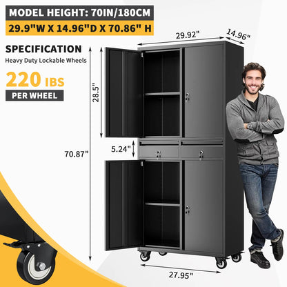 73'' Metal Storage Cabinet, Heavy Duty Storage with Wheels, Locking Doors and 2 Drawers, Adjustable Shelves for Garage, Workshop, Office